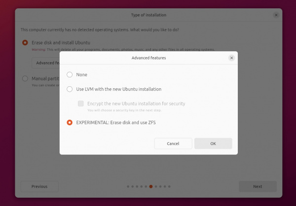 поддержка ZFS инсталлятором Ubuntu 23.10